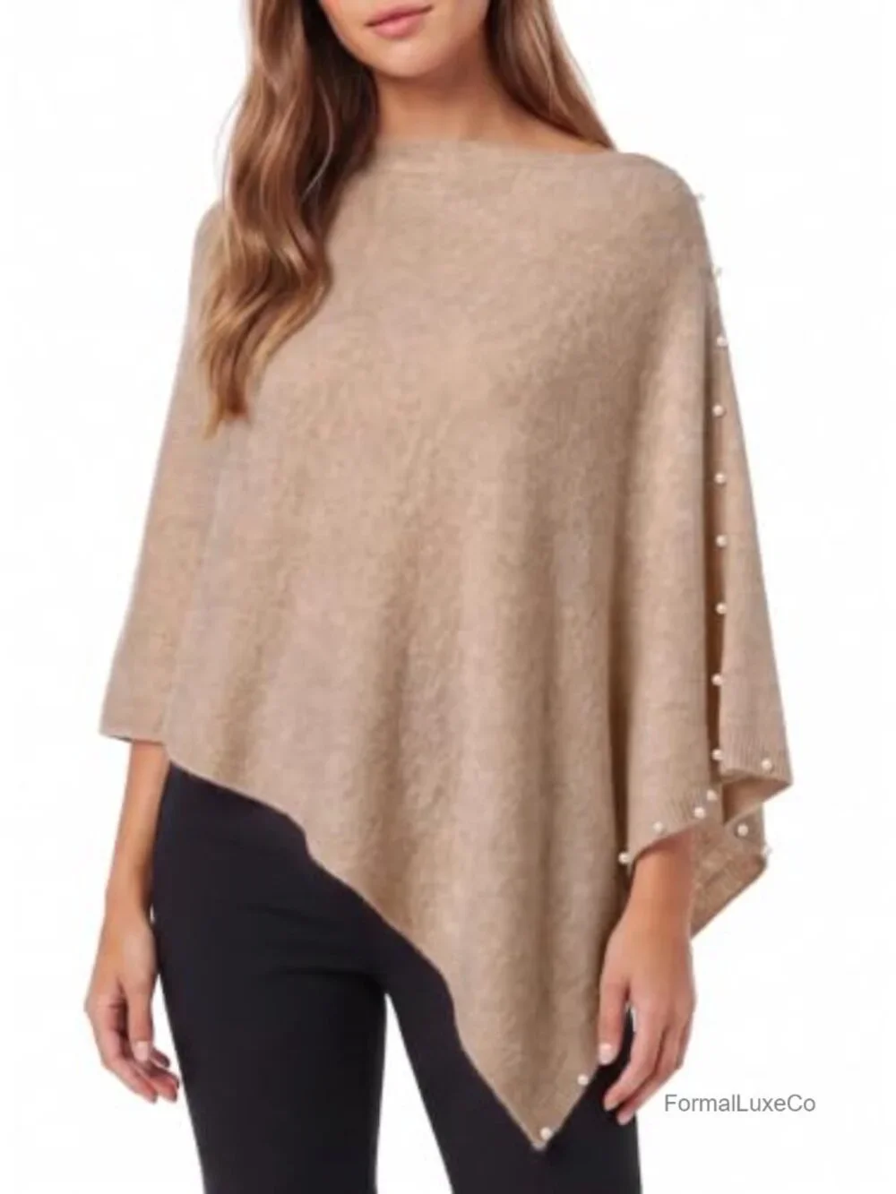 Elegant Knit Capelet Poncho Shawl with Pearly Bead Trim
